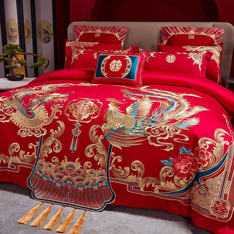 210长绒棉婚庆四套大红色件纯棉支喜被龙F77H7T7S凤刺绣结婚床上