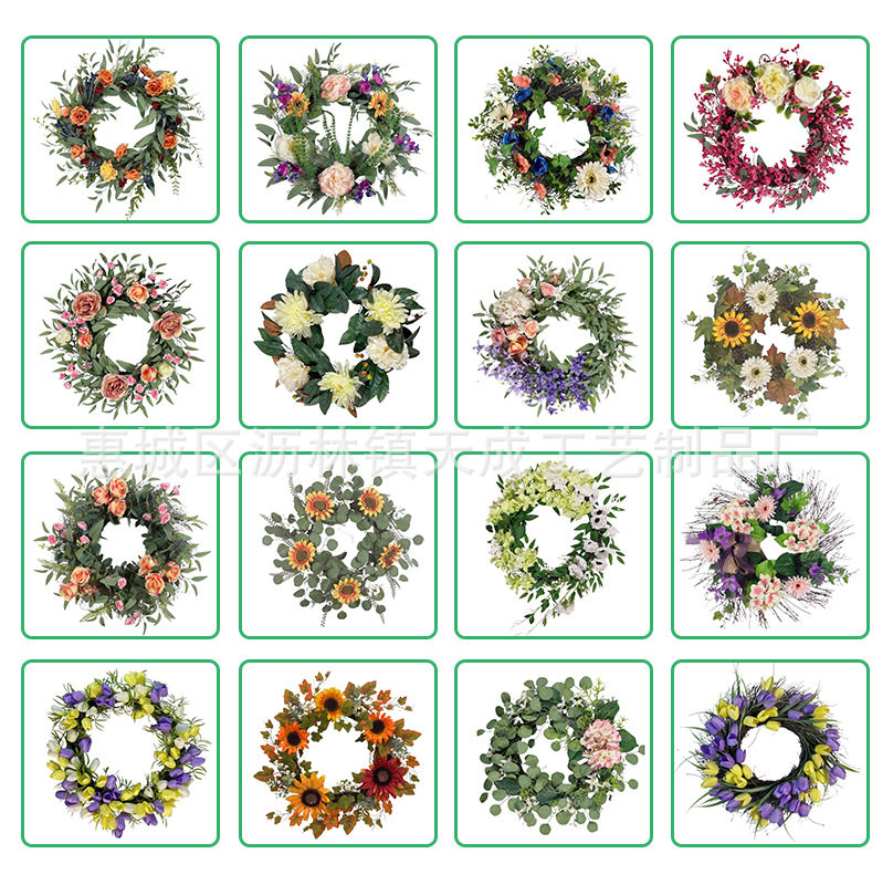 跨境美式春季庭院仿真花环藤圈装饰玫瑰花郁金香花环门楣花圈挂件