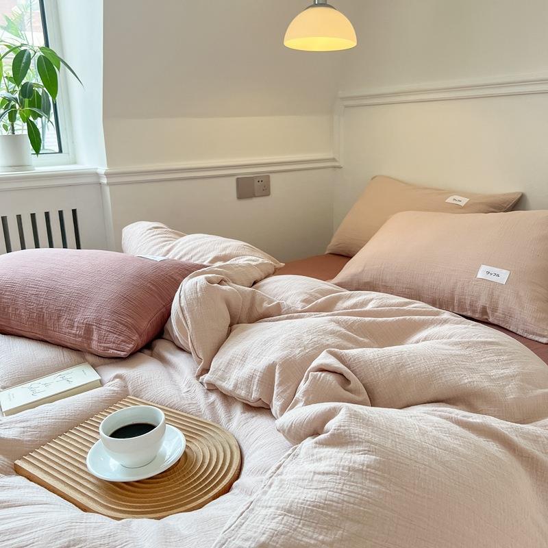 A类婴儿级全棉双415层纱四件套裸10纯睡床单三棉层纱布日式床0上