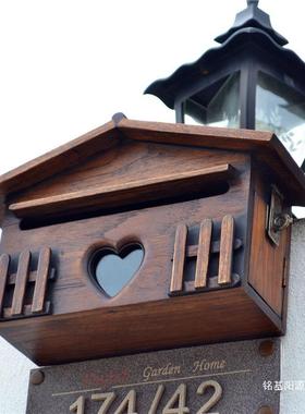 信泰国木制箱墅挂墙信报箱复古创意tfgj#j#u家用意装饰箱邮报别箱