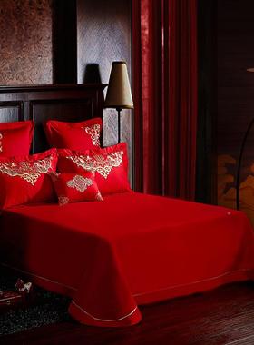 KIS大红婚床单纯庆棉结婚红色全棉9床单三件1719.8米2.0m床套上