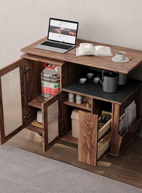 4I木胭移动实木茶车家用客厅沙发柜边几黑旋胡桃色脂转茶ETS水岩