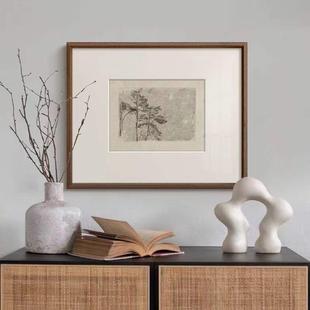 中风古黑白素描树木装 法式 饰墨植禅心 关画复古餐厅玄卧 572