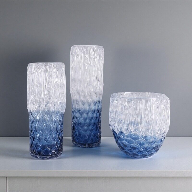 现代艺术渐变菱格纹琉璃花瓶摆件客厅玄关桌面装饰品家居台面花器