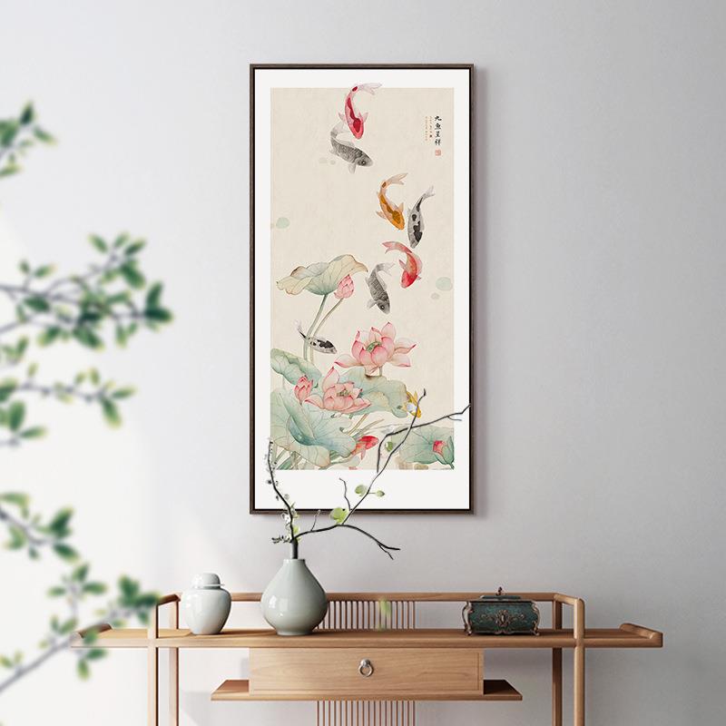 鱼聚财九图饰挂画新中式入户玄GZZ关装画廊竖版走过道壁画牡丹花