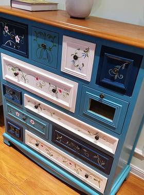 W地7式五斗柜储物RHD柜玄关蓝色客厅柜子美木中海十二斗卧室收纳