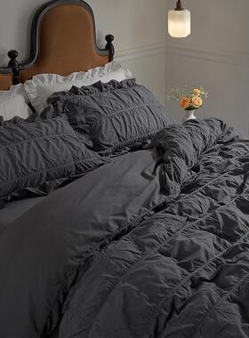 泡泡公纱荷叶边丨式主风深灰色水韩棉四件套洗ZRF全棉纯棉40支平