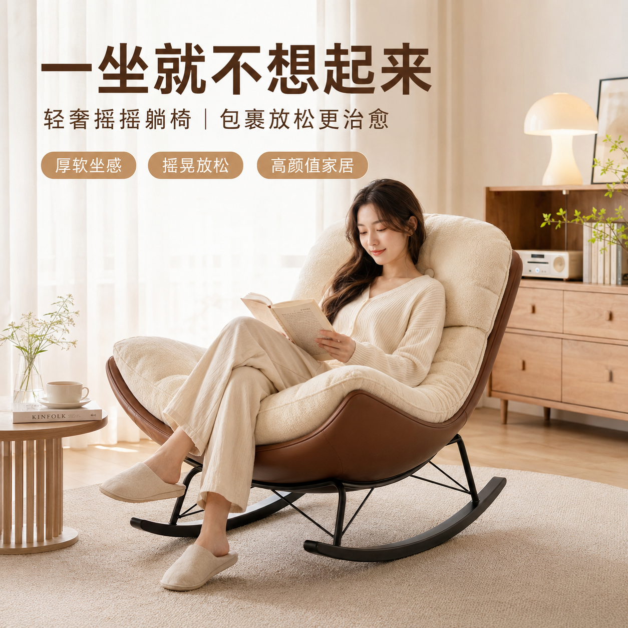 北欧单人沙发椅客厅休闲懒人沙发设计师款躺椅米白色摇摆椅靠背椅