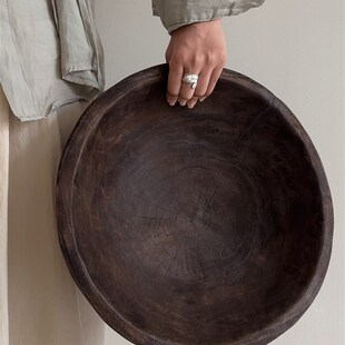 侘寂风装饰纯实木大果盆高颜值佛手柑圆形托盘民宿覆古木质干果盘