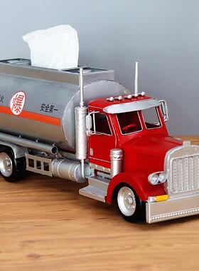 复古铁品艺油罐车抽纸盒纸巾盒摆家卡888车模型创意手工工艺件居