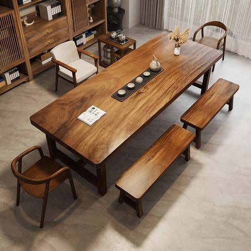 南美胡桃木茶桌书桌一体两用实木大板长条桌新中式客厅家用办公桌