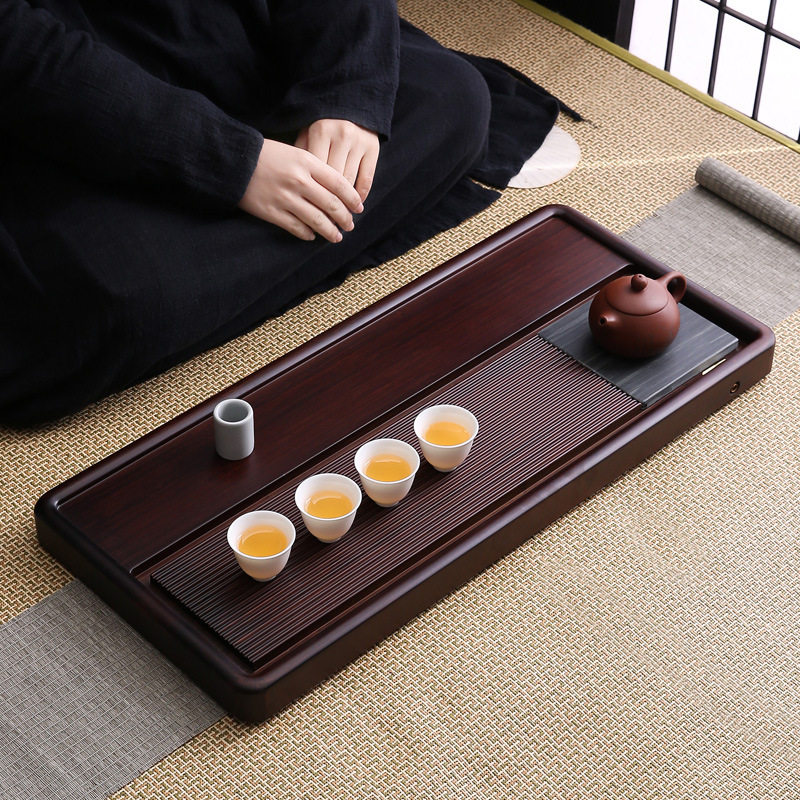 新款重竹家用胡桃色整板长方形排水茶盘新中式大号青石茶台