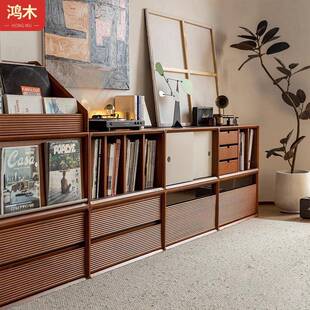 北欧实木书柜家用落地多功能电视柜客厅靠墙复古隔断收纳柜储物柜