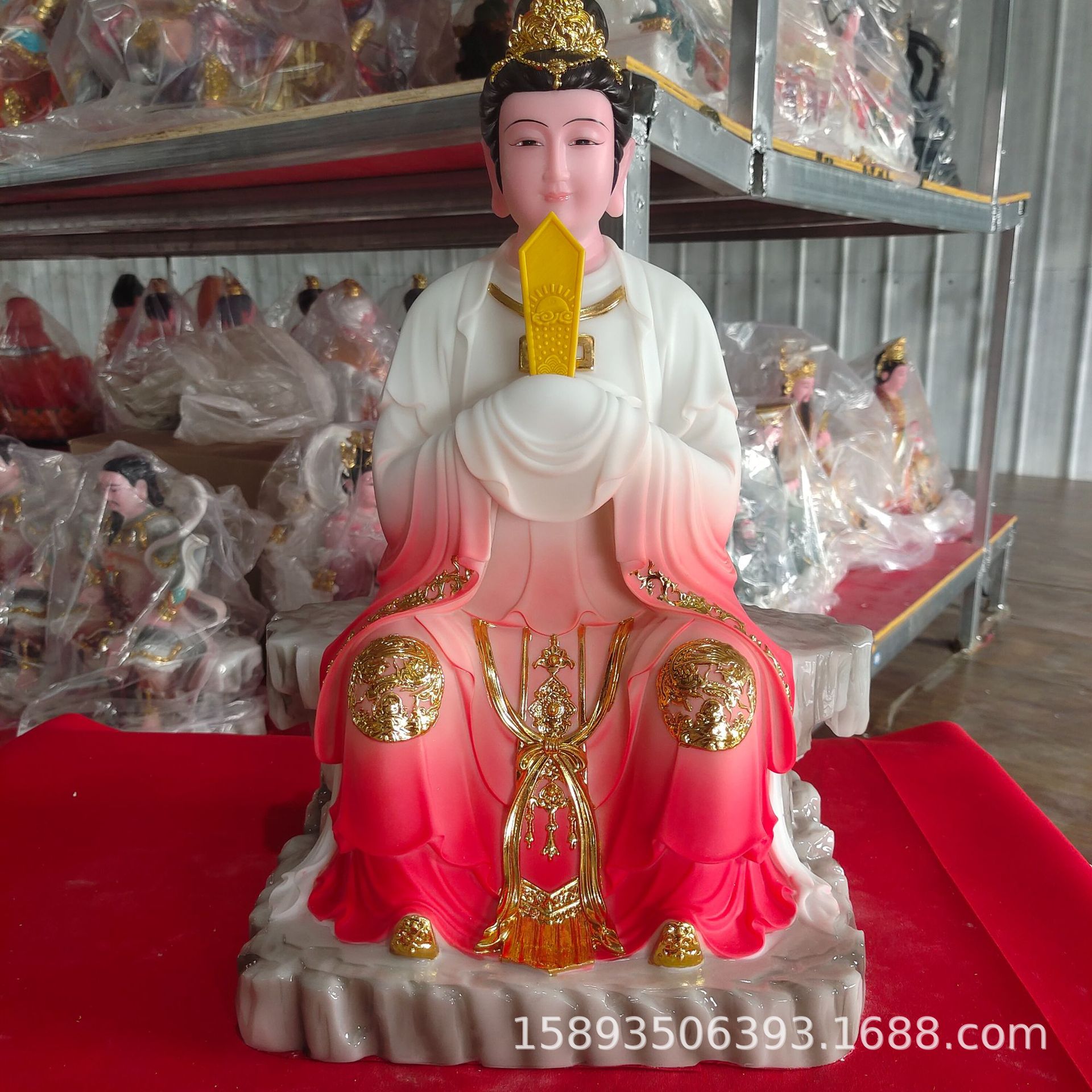 碧霞元君坐石泰山娘娘神像19寸48公分树脂喷玉红衣摆件