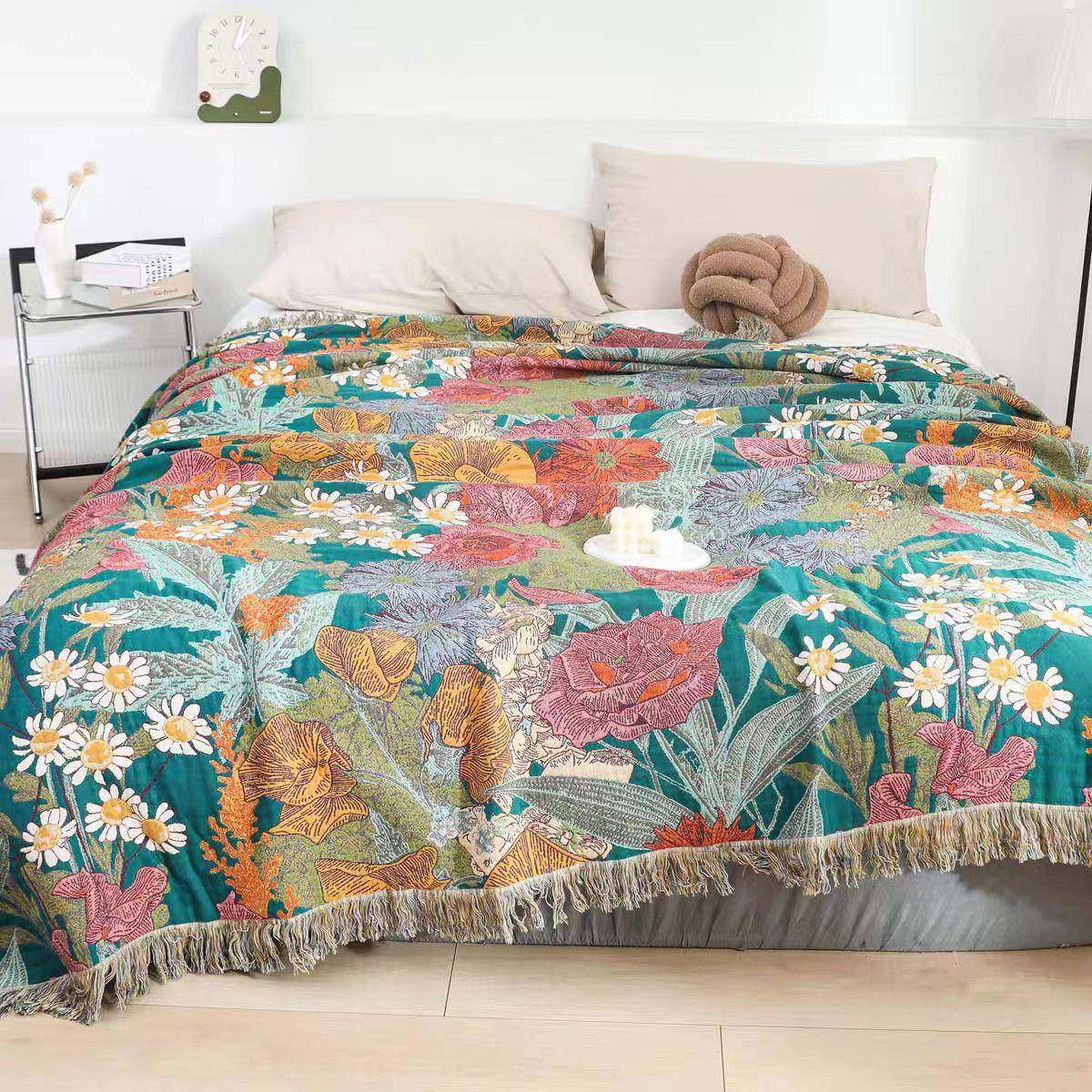 绿意花语毛巾被纯棉流苏沙发盖毯居家休闲办公野外露营多功能毯