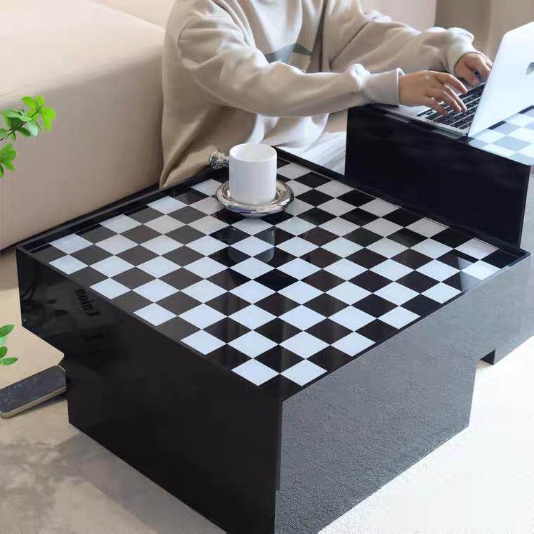 黑色亚克力茶几组合棋盘格边几角几小桌子有机玻璃供应