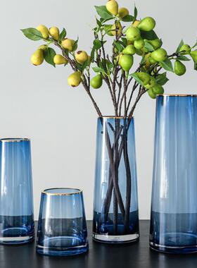 北欧网红蓝色玻璃花瓶创意办公室竹水简约透明装饰花器装饰花瓶61