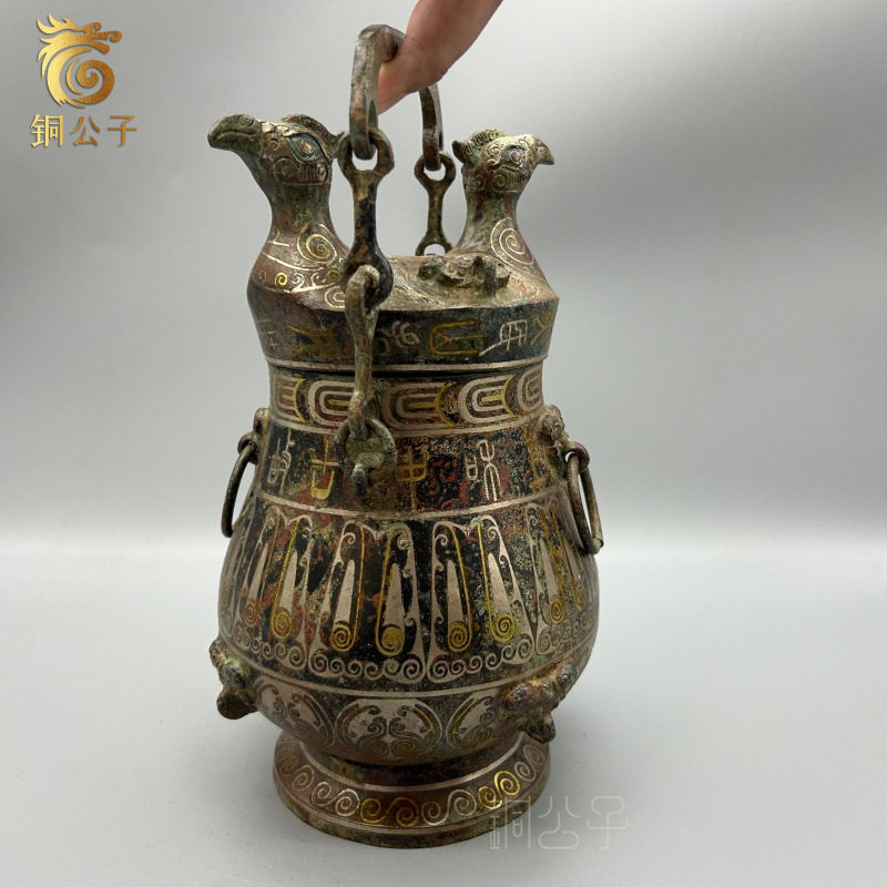 仿古青铜器错金银带盖提梁双凤壶仿古做旧杂项批发收藏鸟形壶摆件