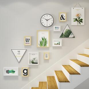 实木_7871包邮楼梯照片墙现代装饰挂画绿植相框组合换相片真钟表