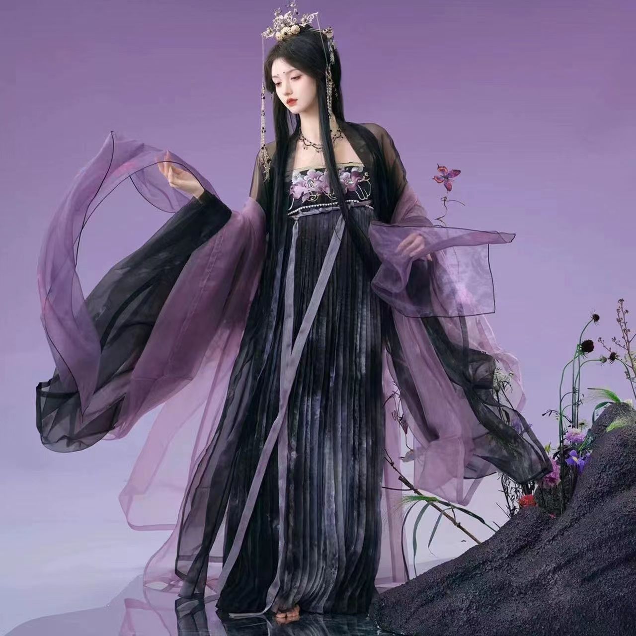 成人女士汉服重工刺绣双笙山茶绣花黑山齐胸诃子古装裙显瘦新中式