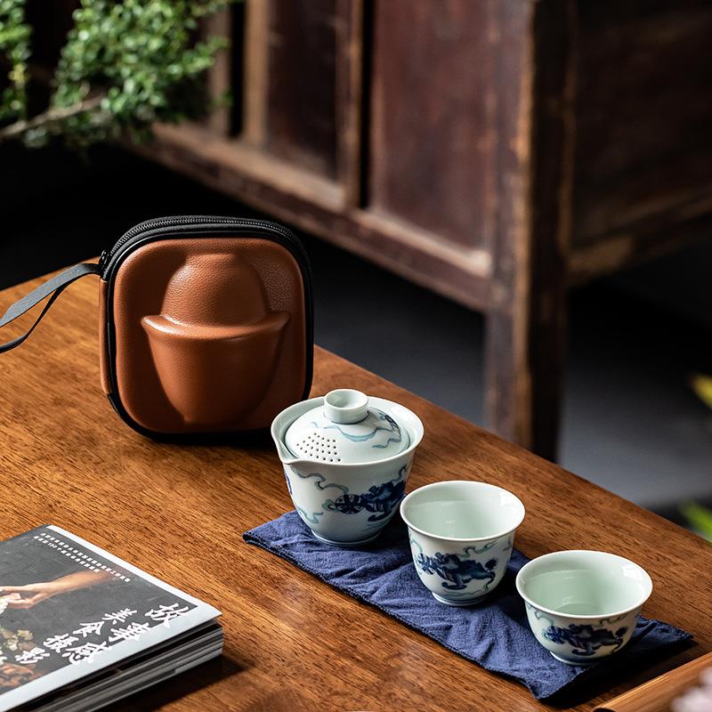 快客杯旅行茶具一壶二杯青花套装便捷包户外泡茶随身茶壶茶杯送礼
