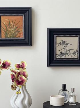 新中式客厅装饰画法式混搭墨竹中古风壁画玄关书房黑色方形小框画