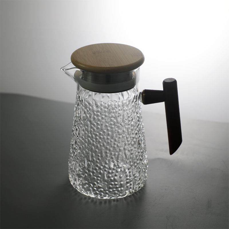 锤目纹冷水壶木把手锤纹泡茶壶配竹木盖侧把壶高硼硅玻璃茶壶茶具