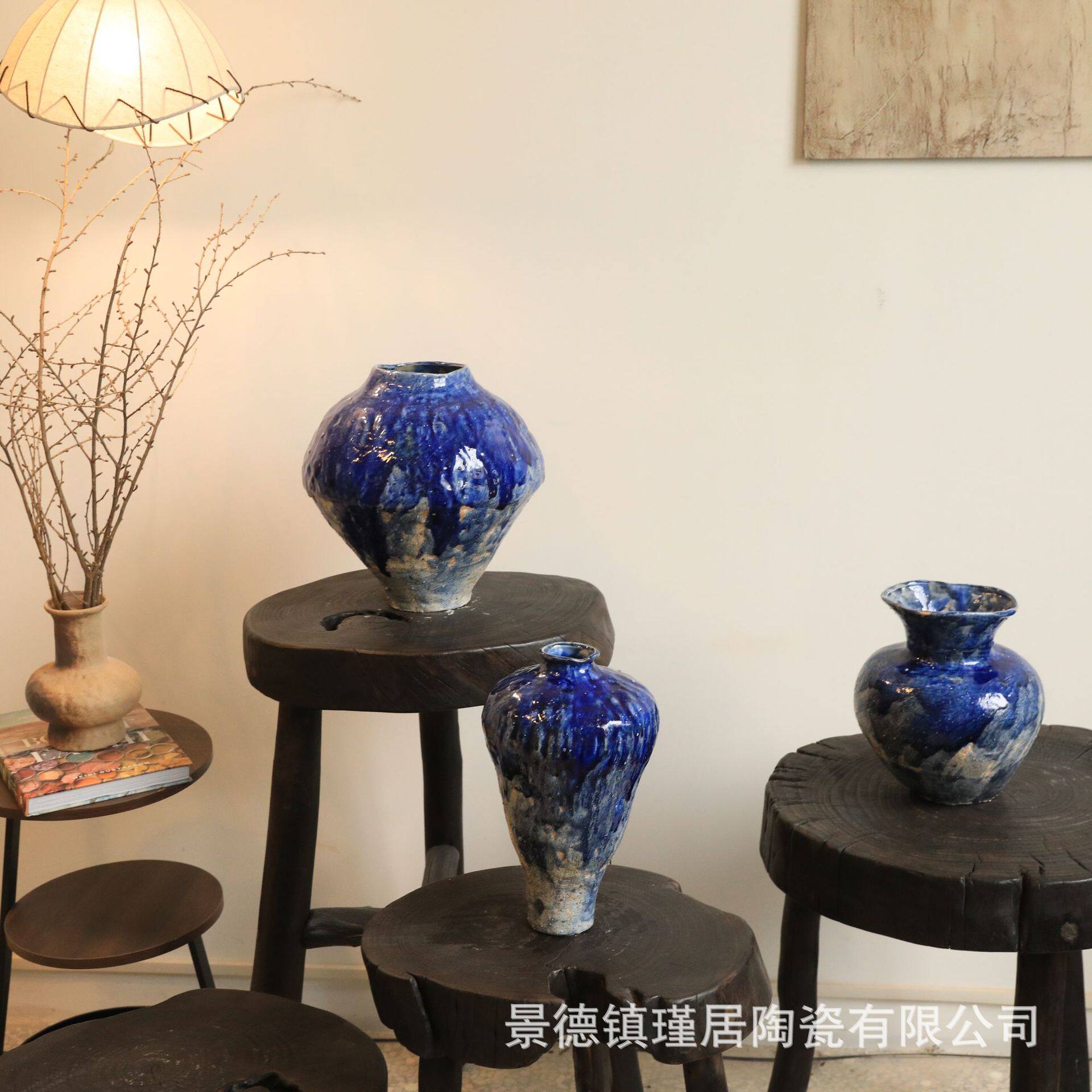 醉蓝系列!实物炒鸡好看~陶瓷花器粗陶纯手工陶瓷花瓶家居玄关摆件
