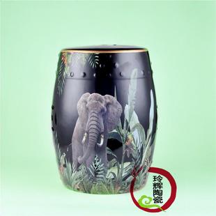 陶瓷鼓凳凳子鼓墩绣墩马陶瓷鼓凳新中式户外陶瓷凳子绿黑黄大象草