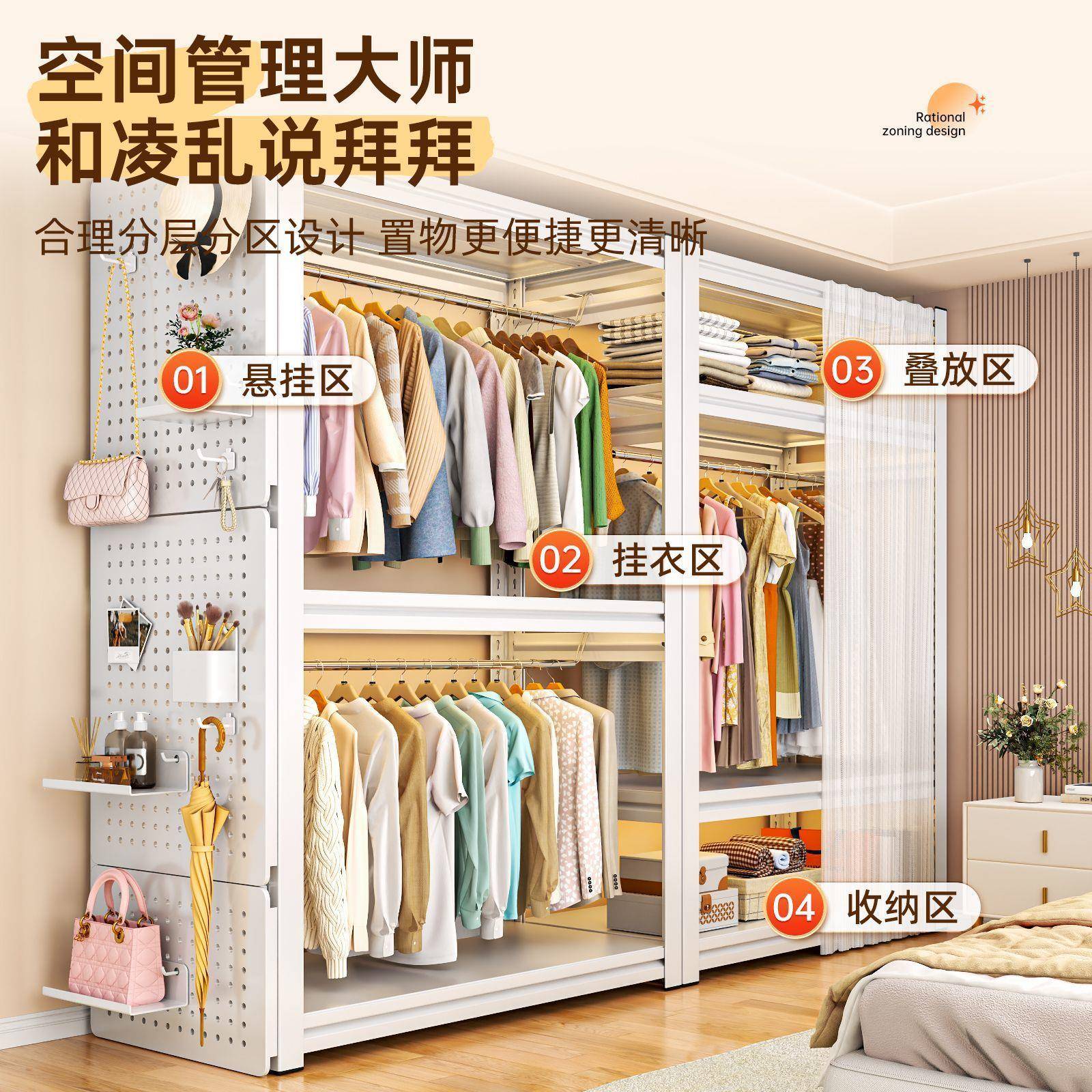 钢架货组合衣柜家用卧室帽衣间收纳开架放式钢制衣柜全钢全全SUB