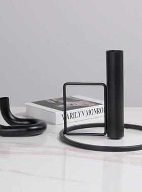 极简现代金属黑色创意孪生花插烛台摆件样板间客厅玄关桌面装饰品