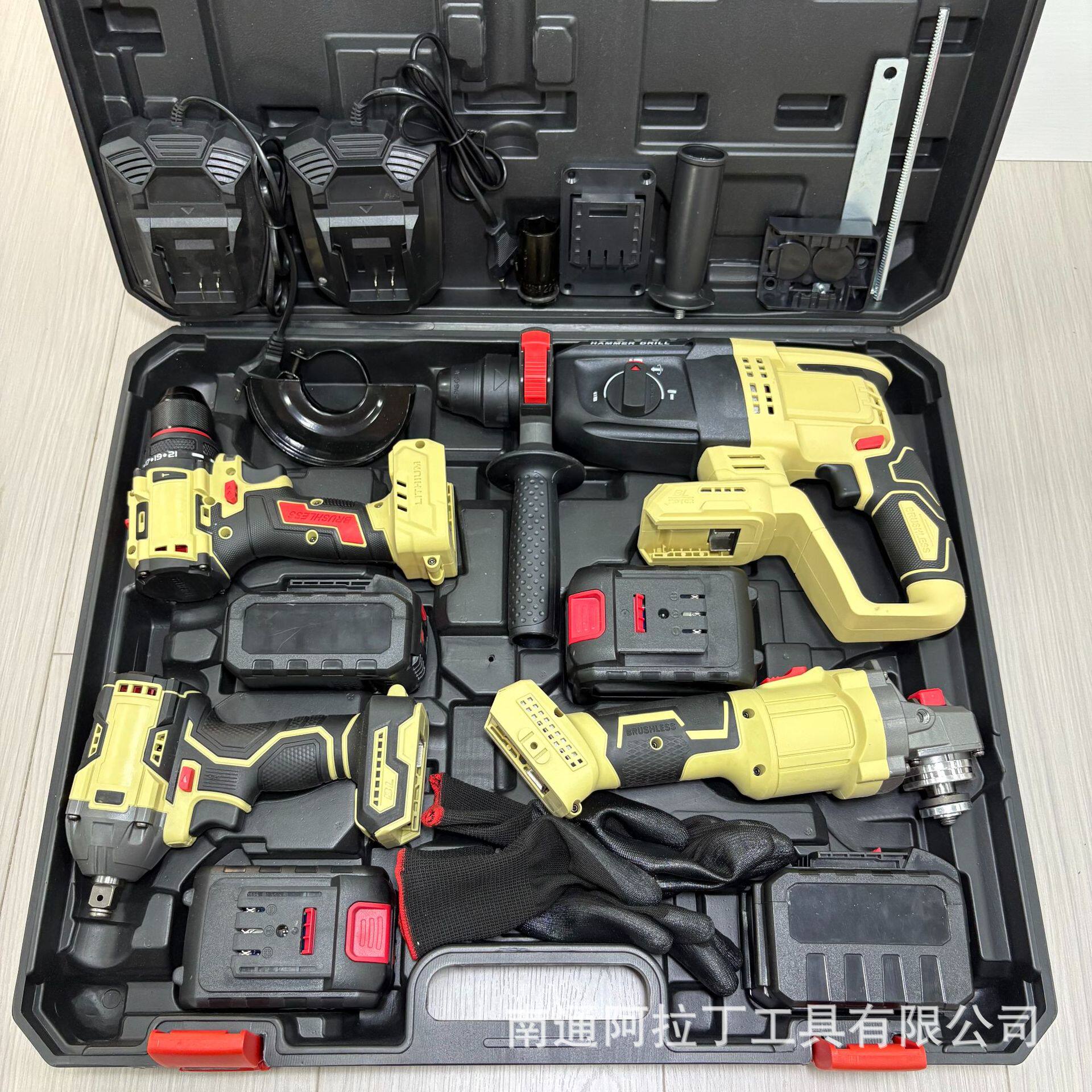 外贸跨境浅黄白色锂电无刷电动工具3件4件套100MM125MM角磨机可选