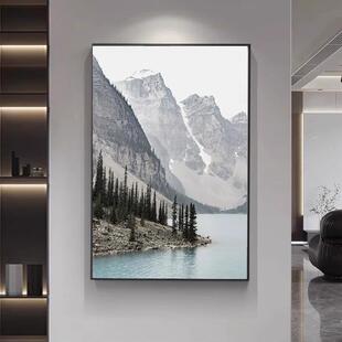 新中式山水湖泊装饰画现代客厅风景山脉大幅壁画入户玄关竖版挂画