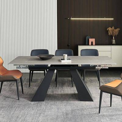 拉开伸展岩板餐桌伸缩现代简约轻奢家用小户型多功能长方形餐桌椅