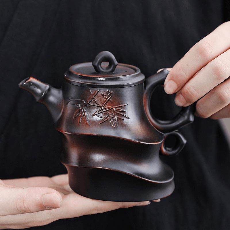 云南建水紫陶凤鸣斜竹壶大容量中式纯手工茶壶家用复古大号紫陶壶