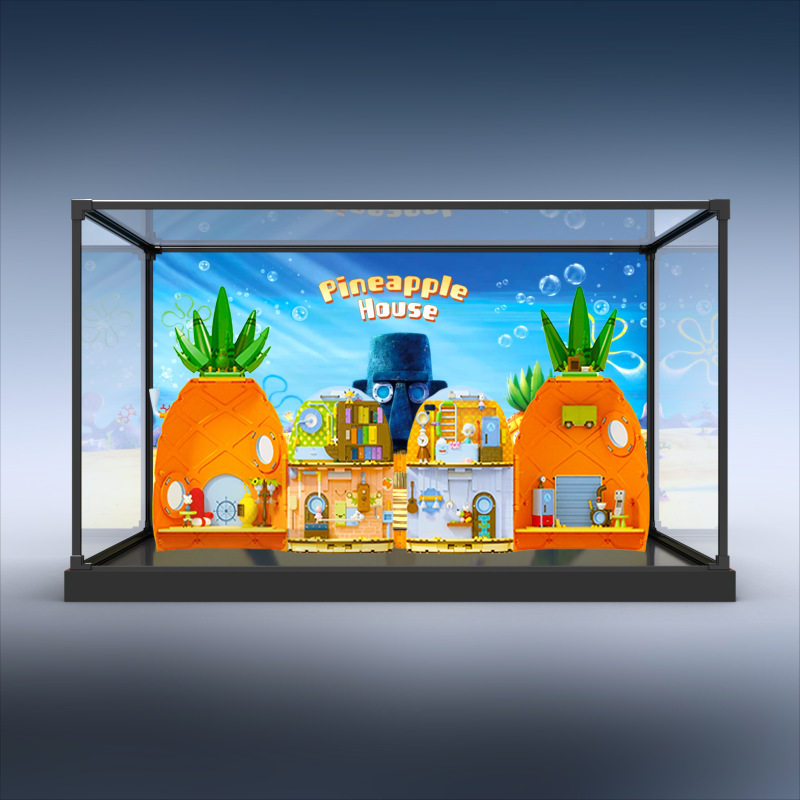 适用AREAX砖区积木海绵宝宝菠萝屋积木玩具防尘罩合金框架展示盒