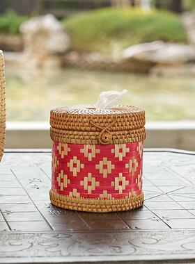 南藤功编编盒织多能越纸巾盒抽纸创意实木有盖民族色820彩圆形纸