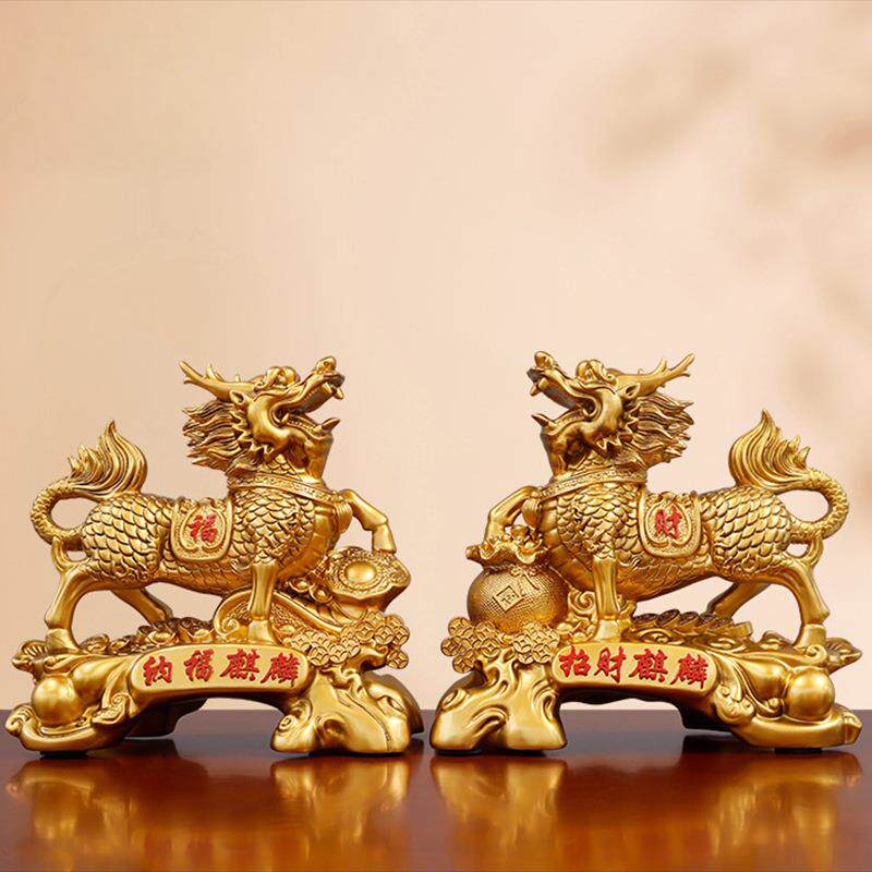 招财麒麟摆件一对旺财麒麟工艺品公司办公室桌家居客厅风水装饰品
