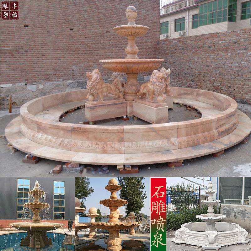 现货欧式大理石雕刻石狮子动物喷泉广场晚霞红石雕狮子大喷泉