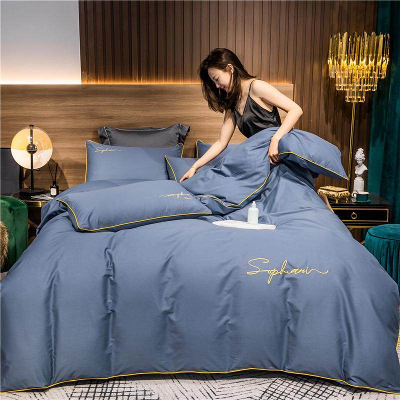 2024新款贡缎长绒棉字母款全棉四件套轻奢床上用品纯色轻奢裸睡四