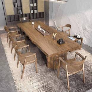 浅胡桃色实木大板整板茶桌茶台办公室家用一桌五椅泡茶台新款高端