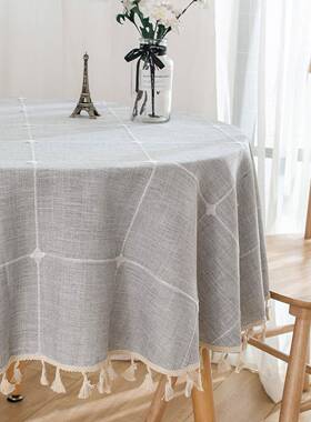 布日式仿棉麻灰色绣文花格子桌布艺桌茶几餐桌艺长方64465形圆台