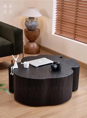 美式黑色寂侘原茶几家木用客厅创意木桩茶桌NON民宿店酒实木墩子