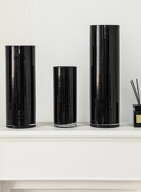 视远加水直厚黑色筒玻璃花瓶SHY12030高级感插花芍药马醉木摆培植