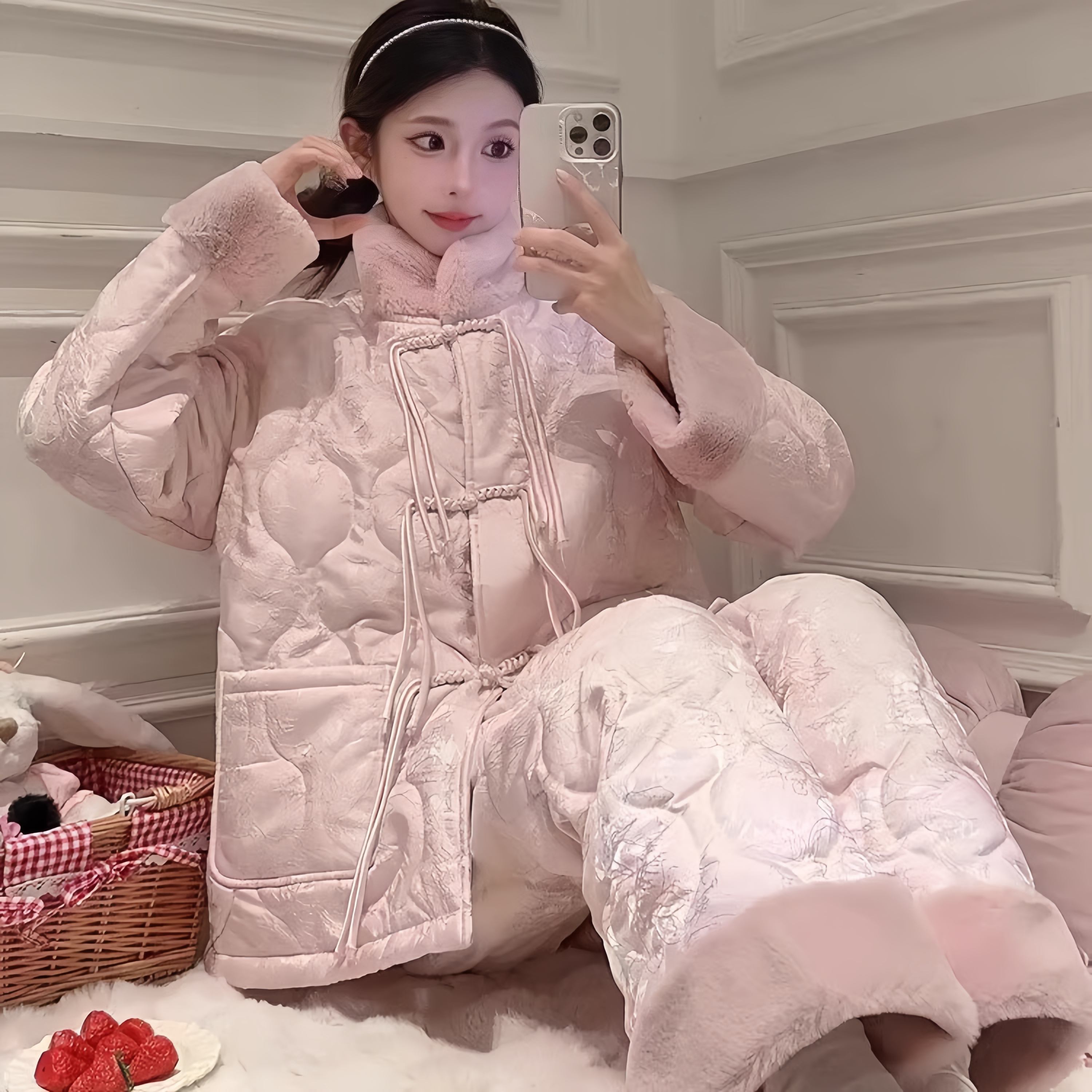 熊拾玖三层夹棉珊瑚绒睡衣女冬季加绒加厚2025甜美外穿家居服套装