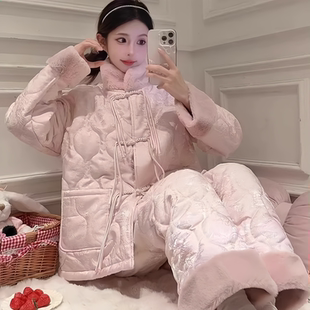 熊拾玖三层夹棉珊瑚绒睡衣女冬季加绒加厚2025甜美外穿家居服套装