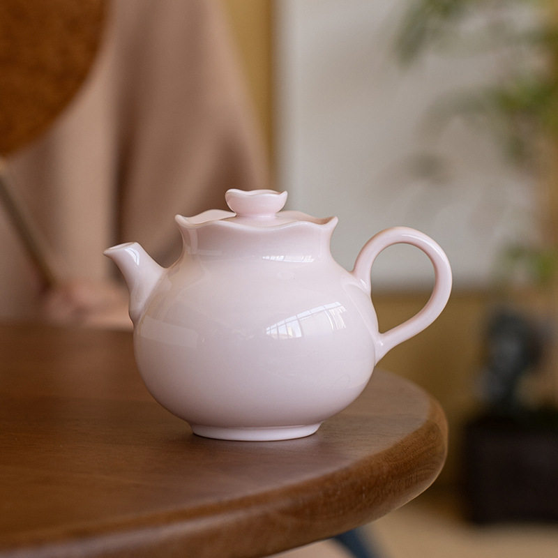 陶瓷茶壶号单人手执壶单壶黛粉色带把简约家用茶具粉泥夕颜泡