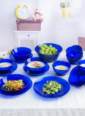 法国多莱斯钢化玻璃6人15件套装餐具宝蓝色米饭碗盘子家用杯子