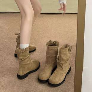 外穿美拉德马丁靴2025秋冬款粗跟复古中筒靴女圆头套筒堆堆小短靴