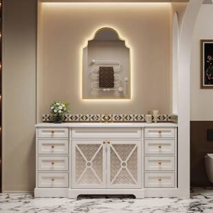 2025新款可丽耐一体盆法式复古风落地款橡胶木浴室柜洗漱台组合